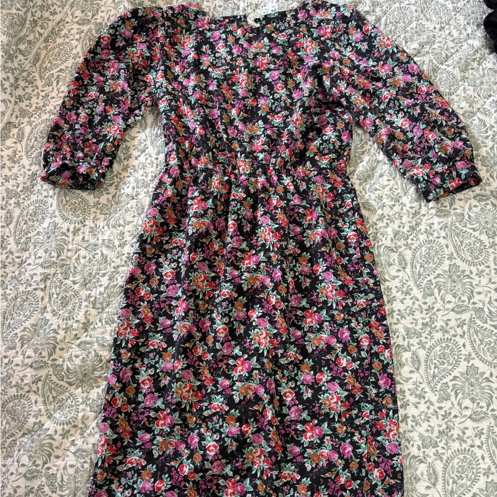 Vintage Floral Midi Dress in Black with Pink Rose Print